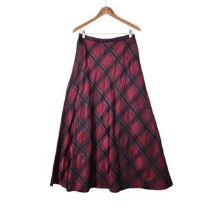 VTG Coldwater Creek Taffeta Maxi Skirt sz 12 Dark Red Black Plaid Holiday Formal